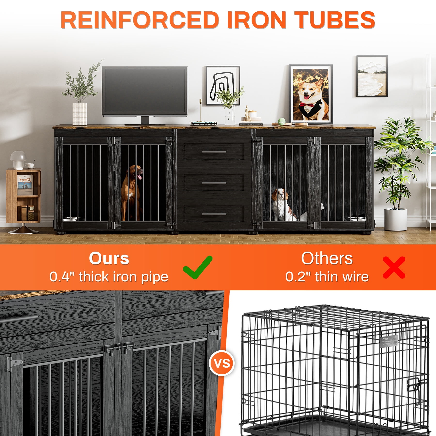 Rophefx 95.4" Dog Crate Furniture for 2 Dogs,Large Kennel with 3 Drawers and 4 Bowls,Wooden Heavy Duty Indoor Dog House,Black Brown