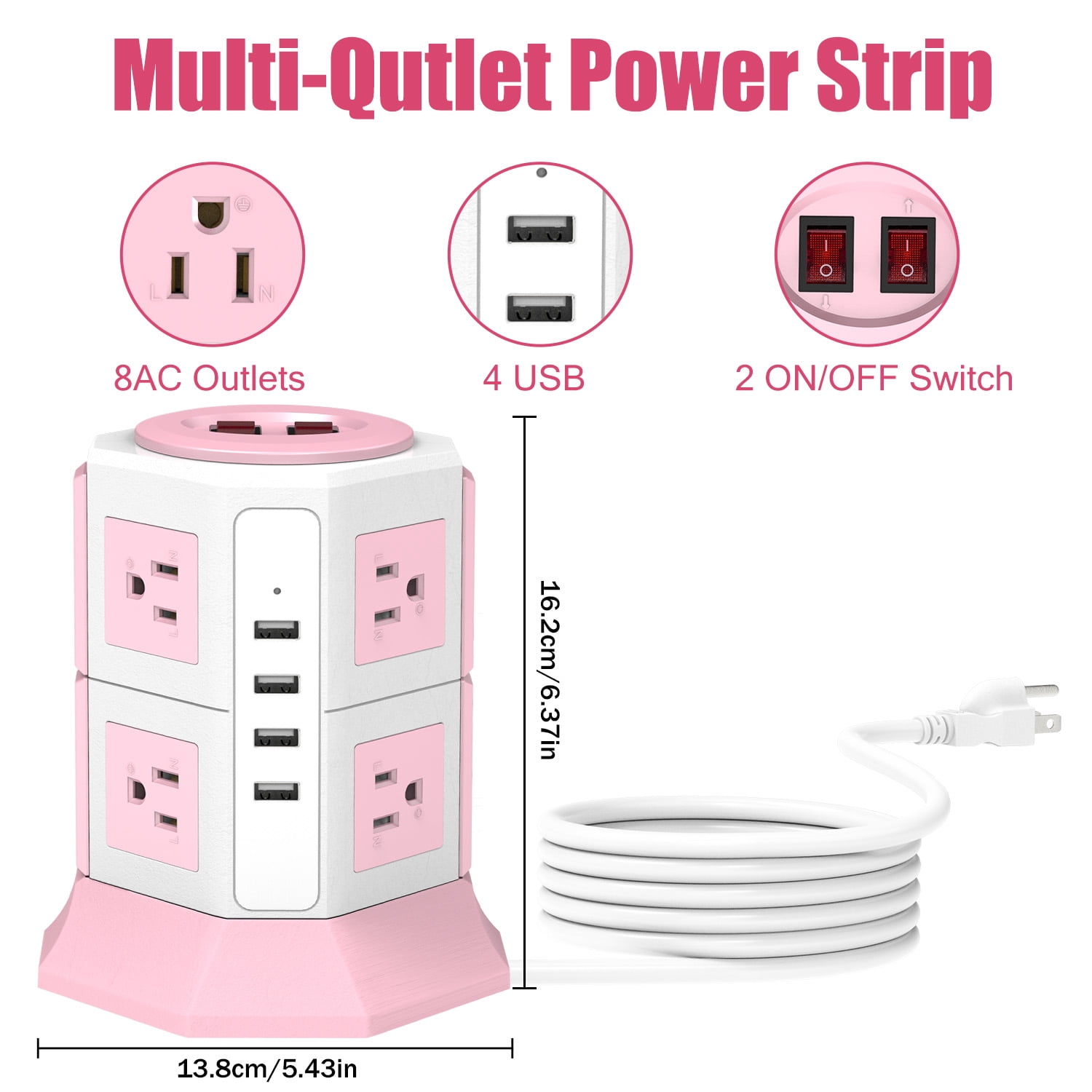 HITRENDS power strip with surge protection, 8 AC outlets + 4 USB ports, 16 AWG, 6.5ft power cord (1250 W, 1050 J)