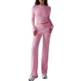 thumbnail image 2 of Conjuntos de 2 Piezas para Mujer, Larga, Cuello Redondo, Pantalones Acampanados de Cintura Alta, Conjuntos de Chándal, Ropa de Calle. Rosa S, 2 of 9