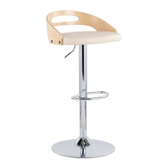 Cassis Mid-Century Modern Adjustable Barstool With Swivel In Natural Wood And Cream Faux Leather