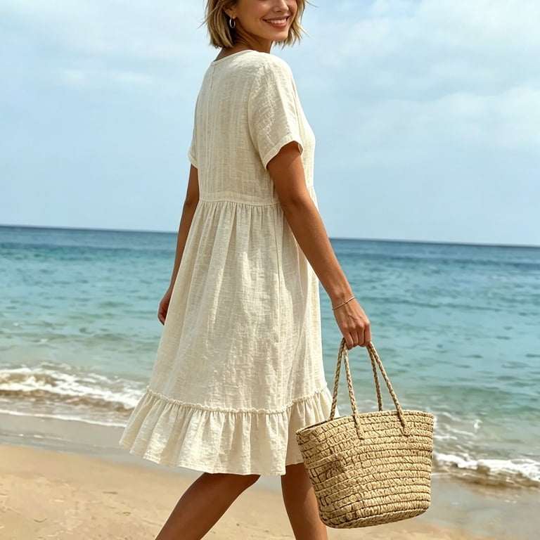 cotton gauze summer dresses lcziwo Cotton Gauze Dresses for Women Lace Trim 3/4 Sleeve V Neck Sundress Casual Flowy Ruched Summer Dress White,M, Women's, Size: Medium