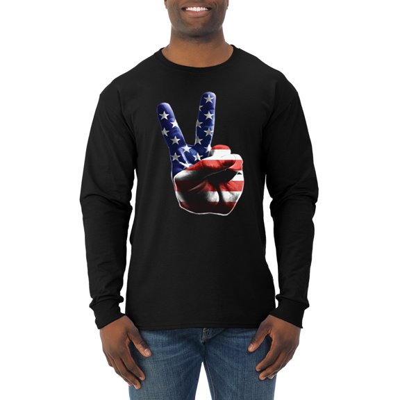 Wild Bobby, American Flag Peace Sign Hand Pop Culture Mens Long Sleeve Shirt, Black, Small