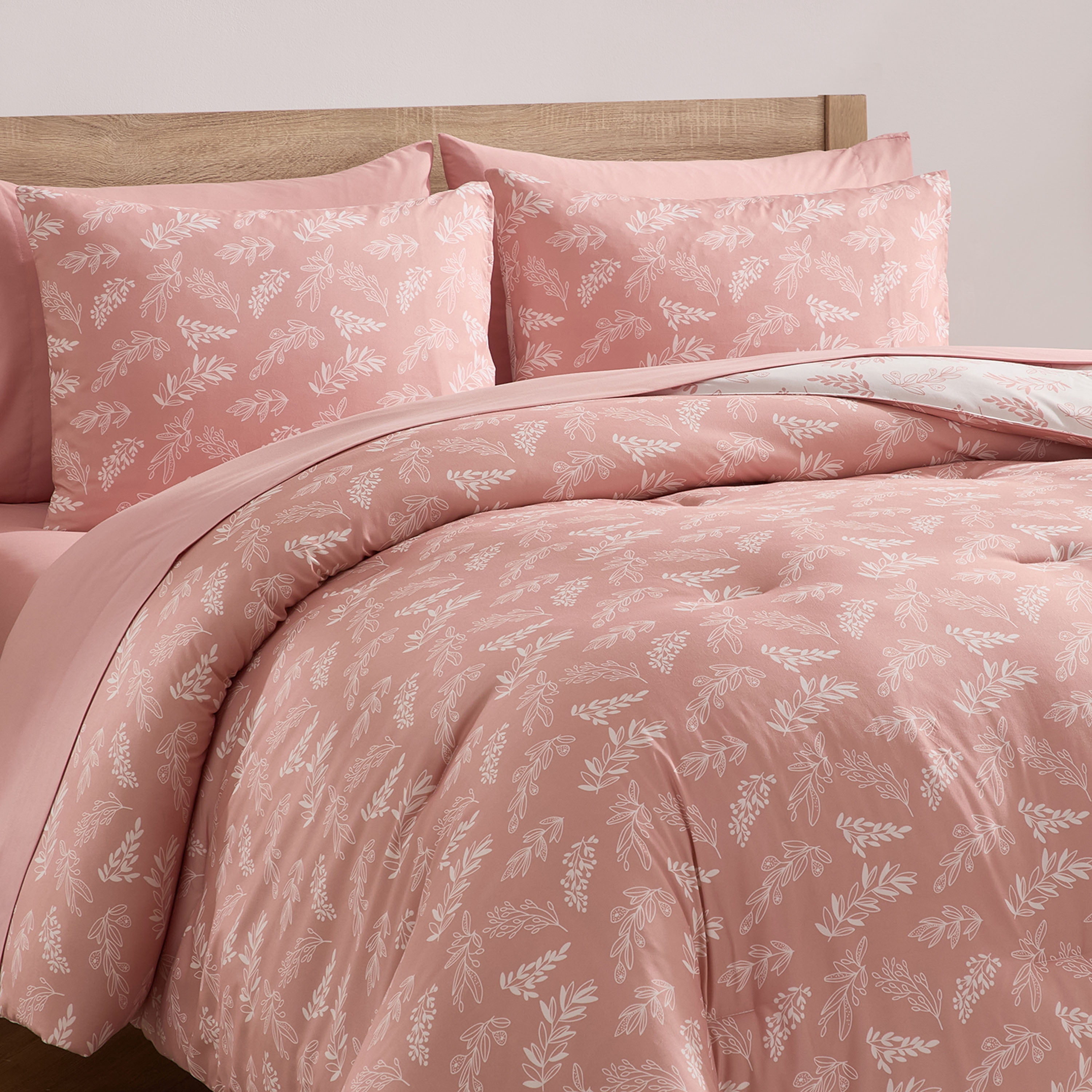 LammaLoe Twin Comforter Sets, 5 Piece Botanical Bed in a Bag, Reversible Bedding Comforter Set with Sheets, Modern Bed Set, Bali Blush/Porcelain Glow