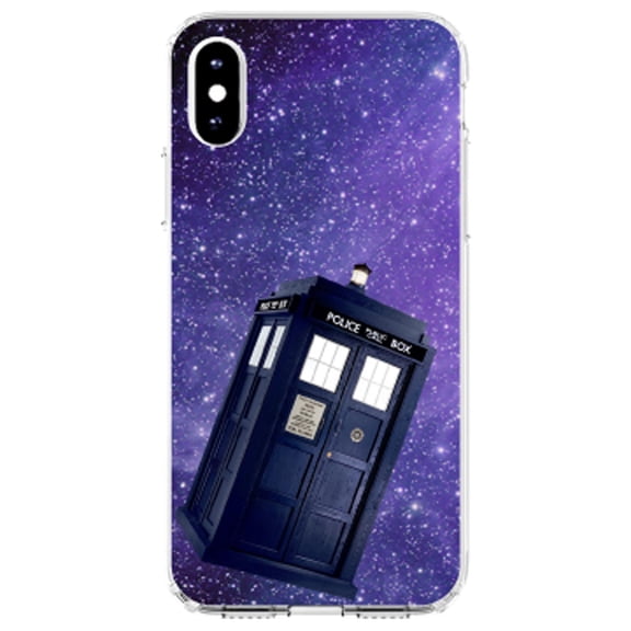 DistinctInk Clear Shockproof Hybrid Case for iPhone X / XS (5.8" Screen) - TPU Bumper, Acrylic Back, Tempered Glass Screen Protector - TARDIS Floating in Space