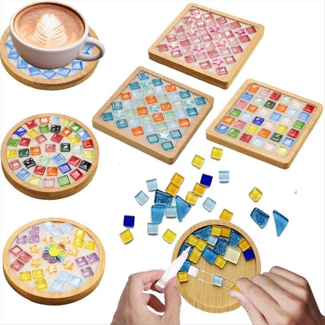 Mosaicos para Manualidades, Kits de Mosaicos de Vidrio de Colores Variados con Posavasos de Madera para Adultos, para Decoración del Hogar Hecha A Mano.