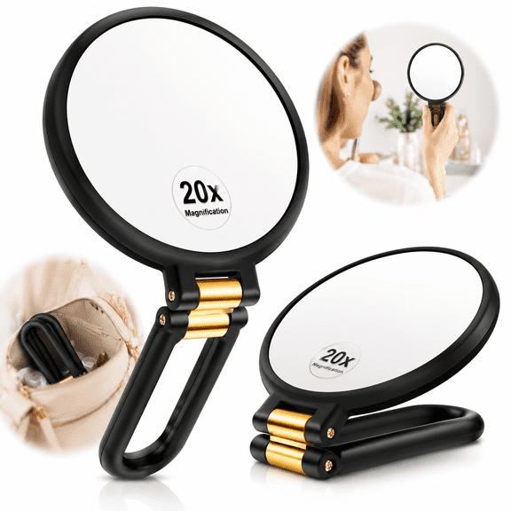 Genreen 1x 20x Magnifying Travel Mirror, Hand Mirror with Handle - Double Side Hand Held Mirror with 1x 20x Magnification & Foldable Handle, Portable Travel Makeup Hand Mirror for Women (Black)