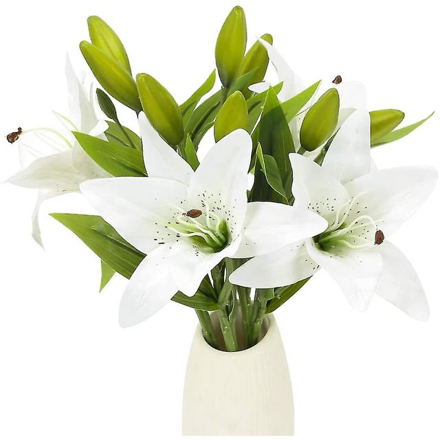 4 piezas de flores de lirio artificial plantas arreglo de flores falsas boda de seda ramos de novia blanco interior al aire libre hogar cocina mesa de comedor centros de mesa L