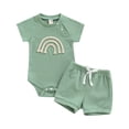 thumbnail image 1 of Biekopu Baby Girls Boys Outfit, Sweet  Rainbow Short Sleeve  Shoulder Buckle Romper + Solid Color Shorts Set,0-18M, 1 of 9