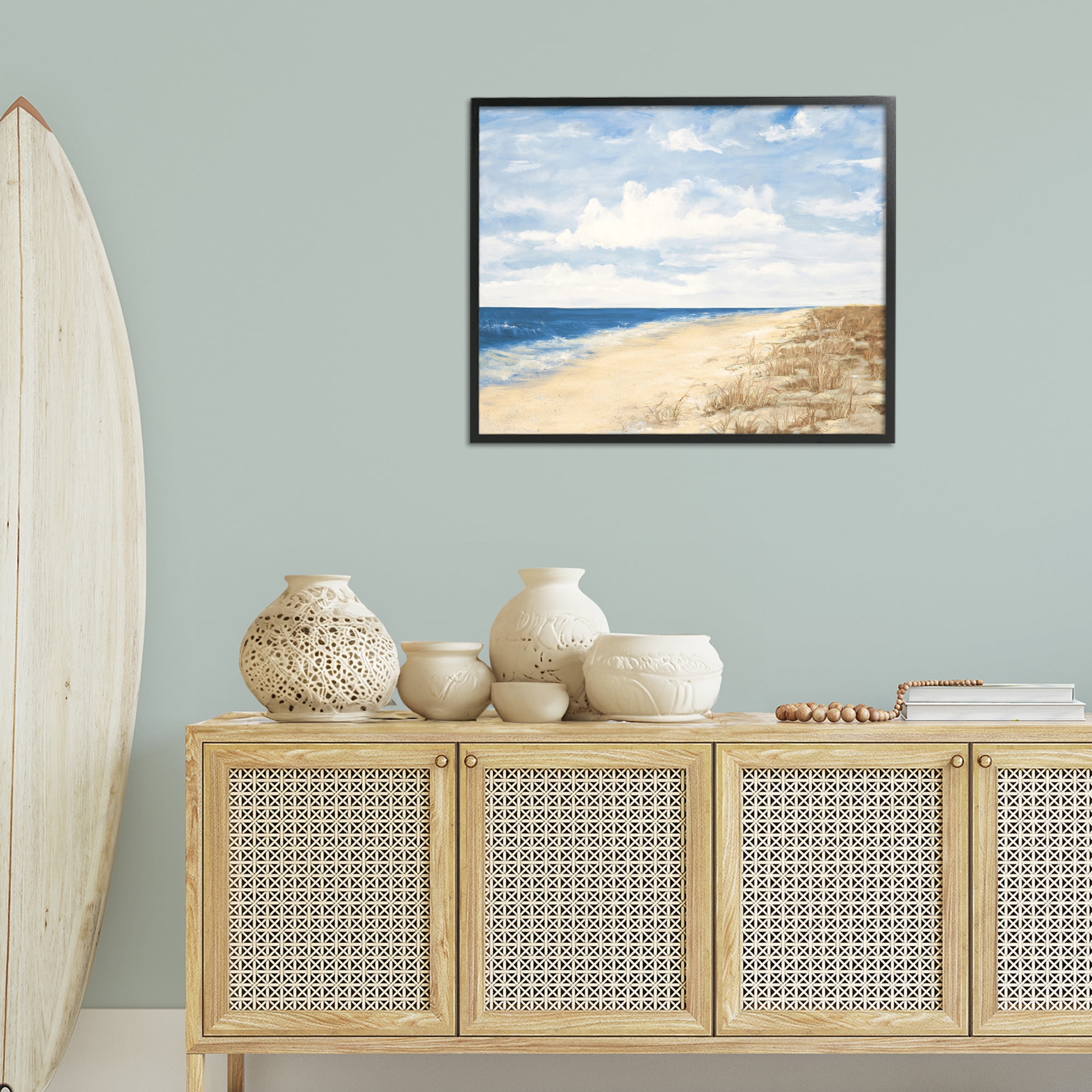 Stupell Industries Calm Beach Painting Coastal Painting Black Framed Art Print Wall Art, 30 x 24