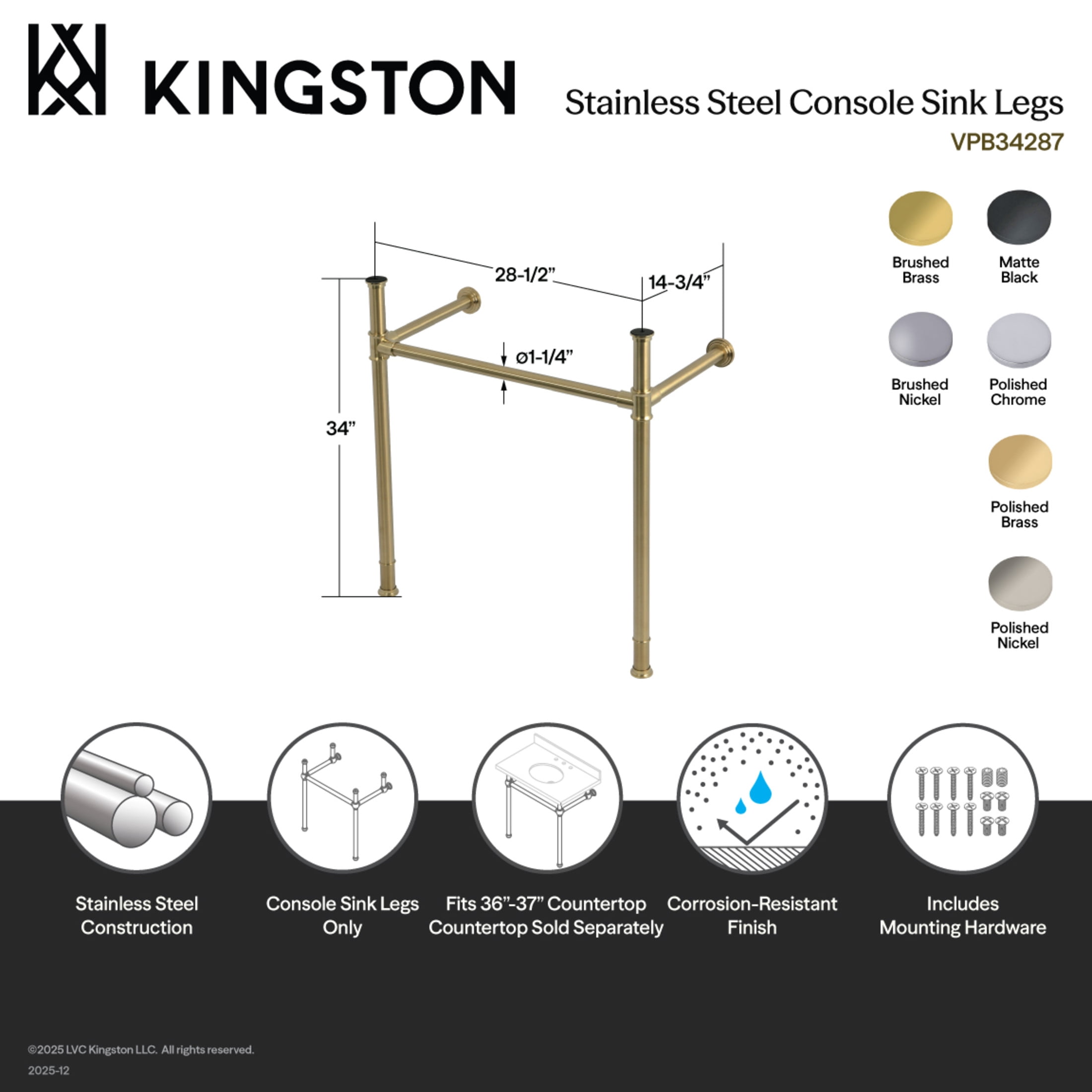 Kingston Brass VPB34282 Stainless Steel Console Sink Legs, Polished Brass