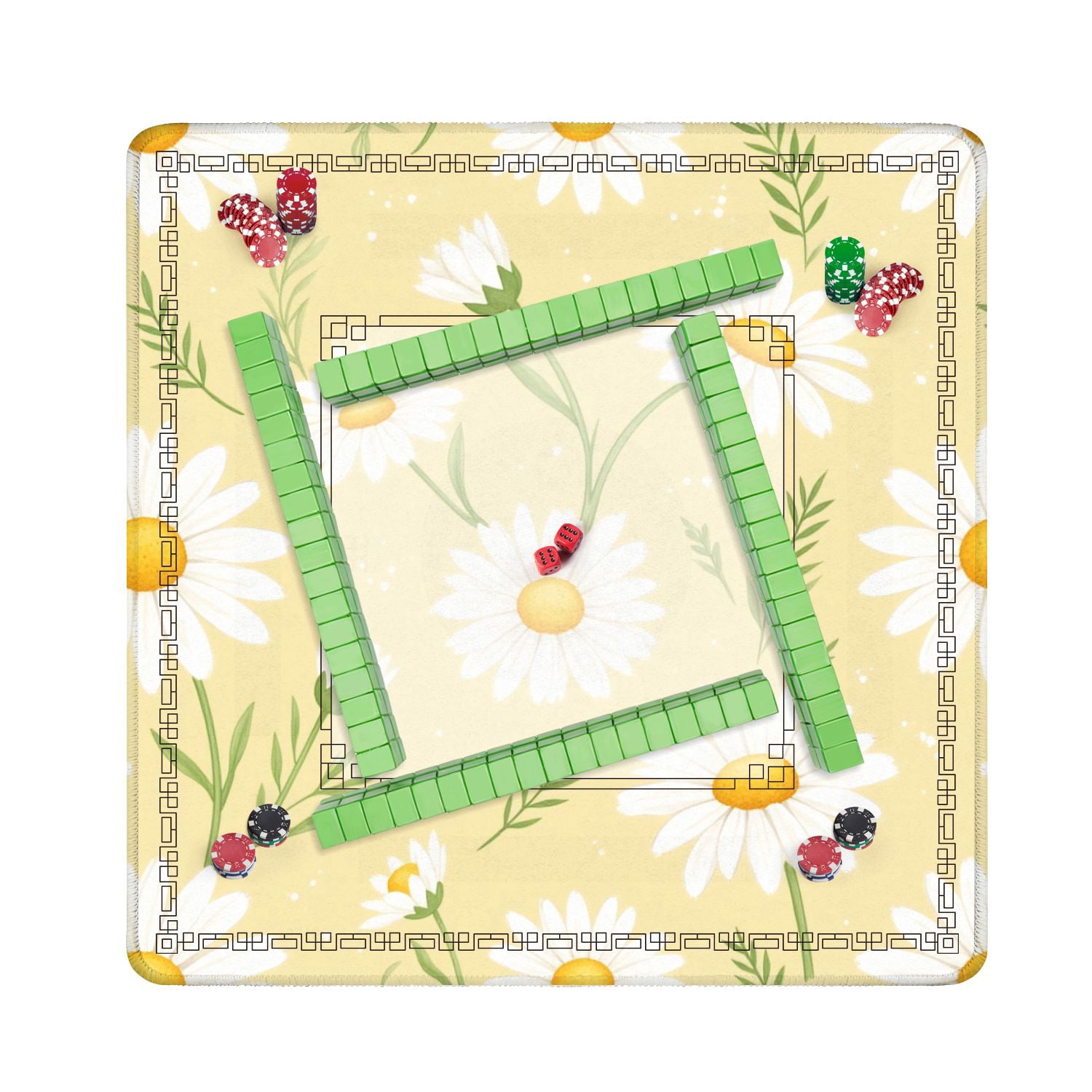 Mahjong Mat 31.5" x 31.5" Seamless Yellow White Daisies Green Leaves Non-Slip Noise Reduction American Mahjong Tiles Table Cover for Dominoes Poker Card Board Games Gift