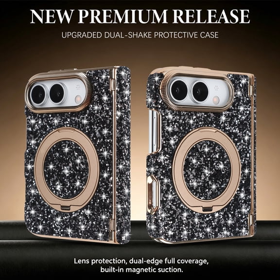 GJL Luxury Glitter Magnetic Case for Apple iPhone Duo, Shockproof Full Hinge Protection Cover with 360 Ring Kickstand, Raised Screen and Camera Guard, Black
