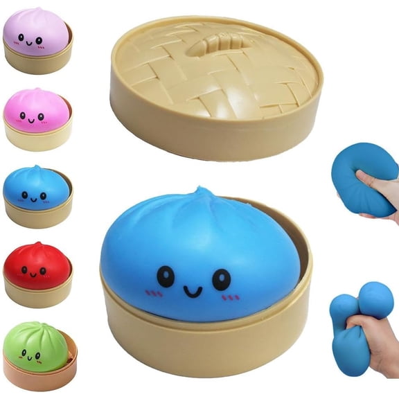 Dumpling Squishies , Giant Glitter Dumpling, Colorful Dumplings Stress Balls Fidget Sensory ,Squeeze Dough Ball Stress Relief Hand  with Food Steamer Stretchy Desk (Blue)