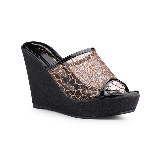 BLISSFUL STEP Sandales pour Femmes à Plateforme Compensée à Paillettes Sandales à Enfiler Noir Or 5,5