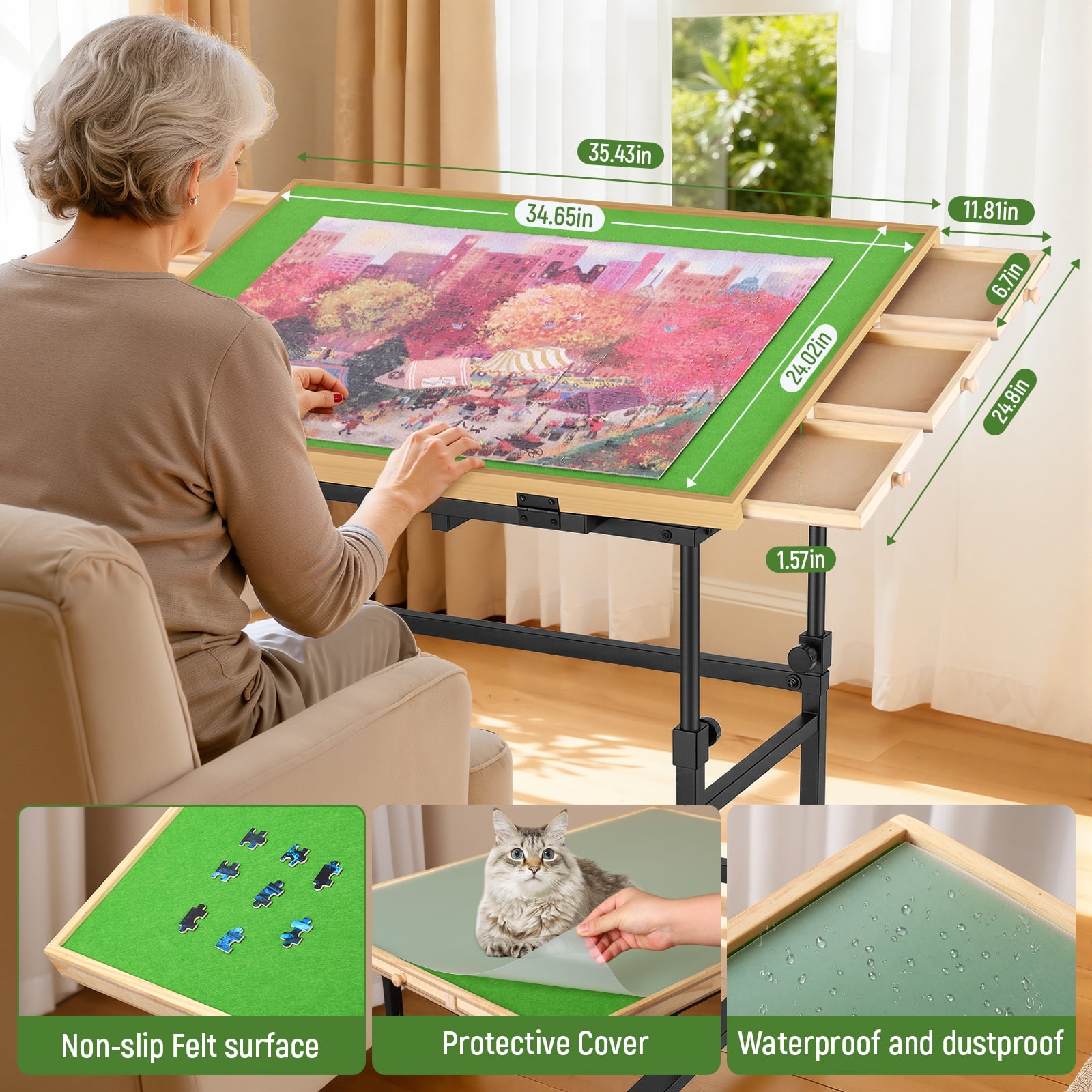 1500 Piece Jigsaw Puzzle Table with Metal Lazy Susan, Rotating Adjustable Height Puzzle Desk with Legs for Adults, 4-Tilting-Angle Rolling Wooden Board with 6 Drawers & Cover