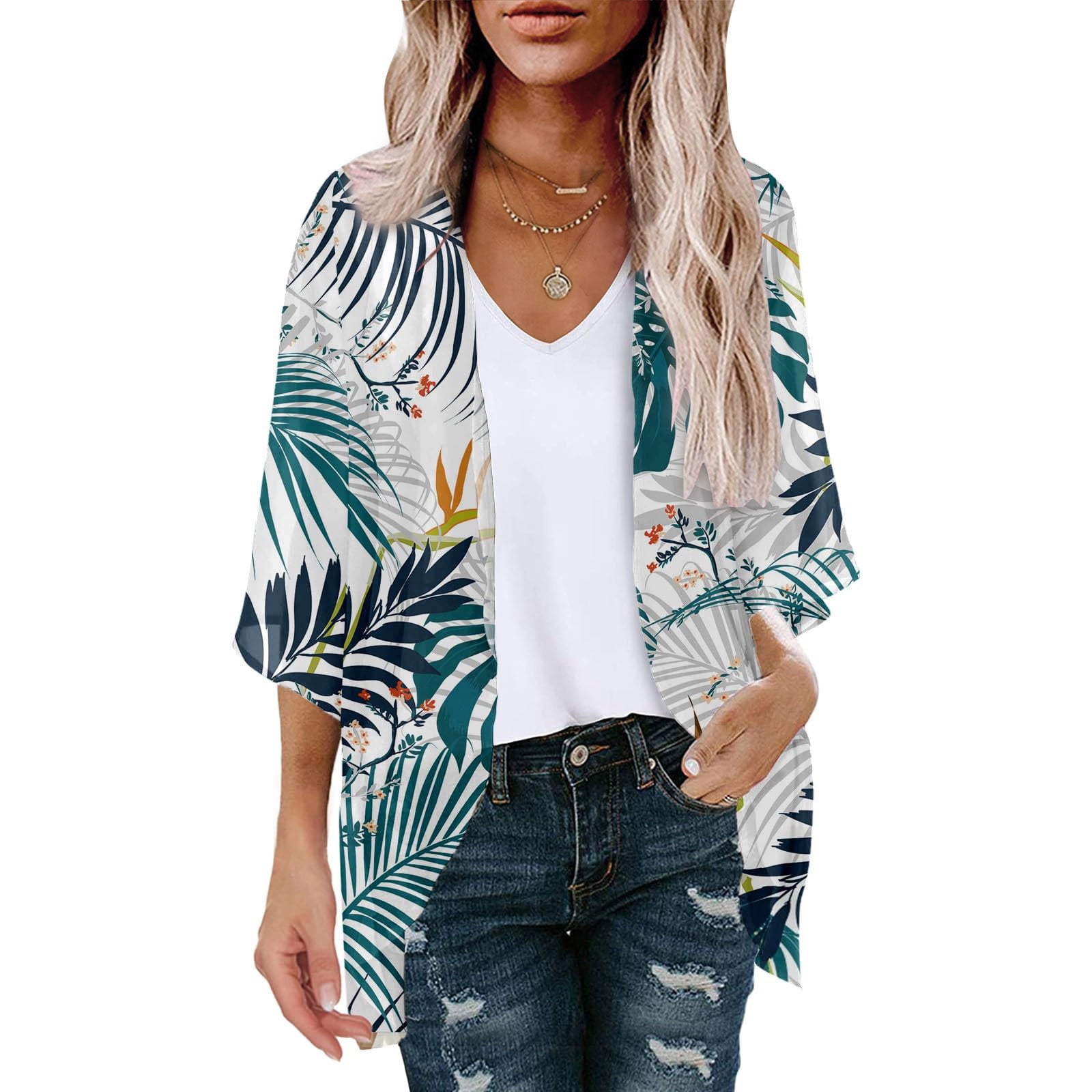 Blue Kimono Cardigans for Women Dressy,Women's Floral Print Puff Sleeve