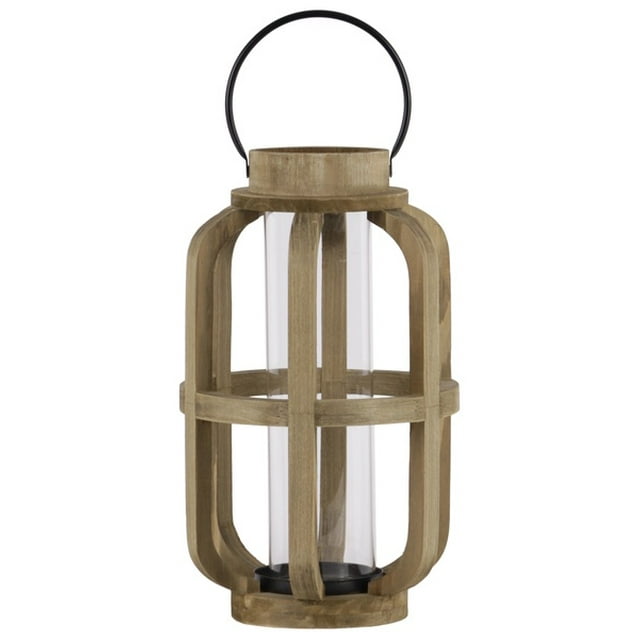 Wood Cylinder Metal Handle Lantern With Hurricane Candle Holder, Large, Brown