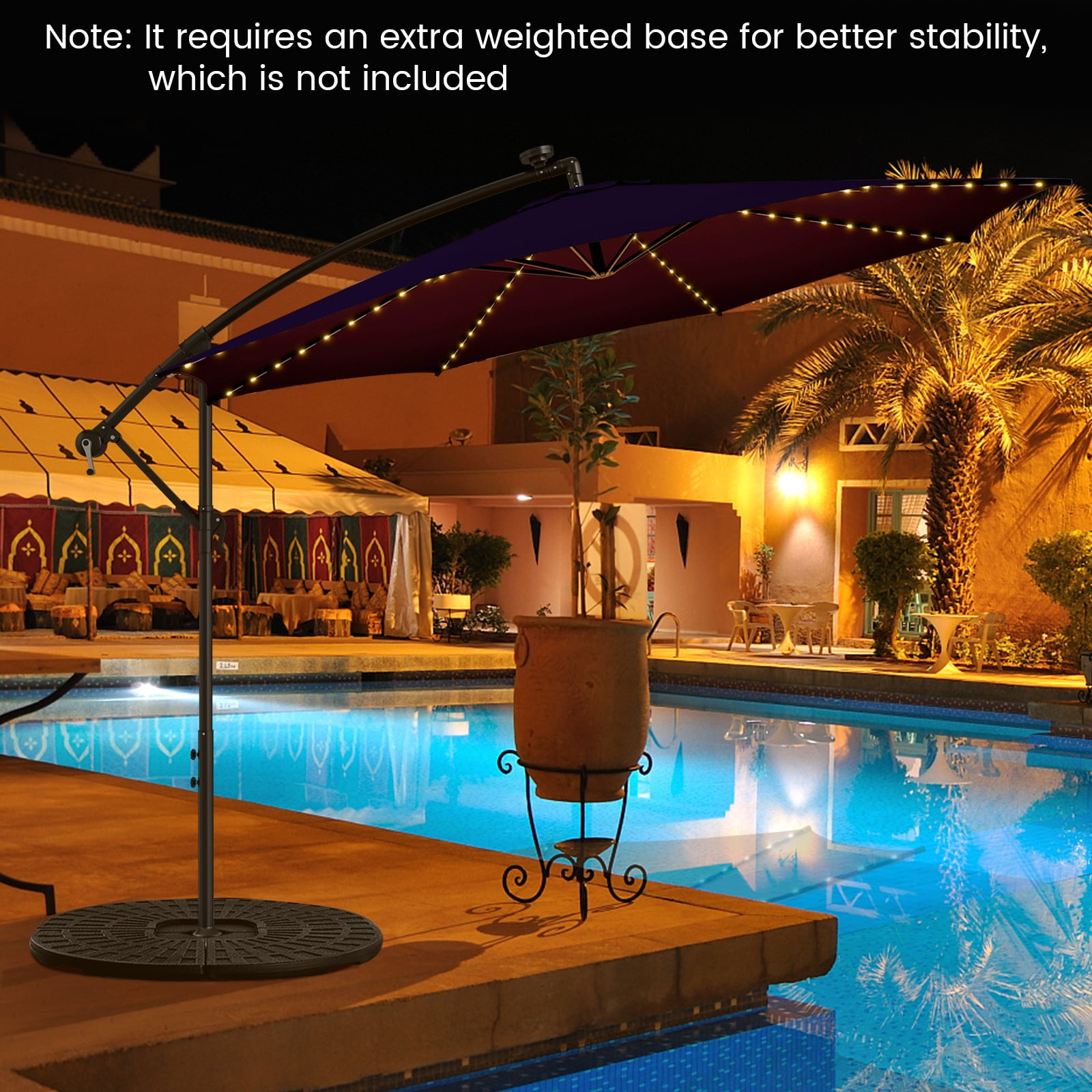 Topbuy 10FT Solar Offset Umbrella Tilted Cantilever Umbrella with 112 LED Lights Lighted Patio Sun Shade with Crank Handle Navy