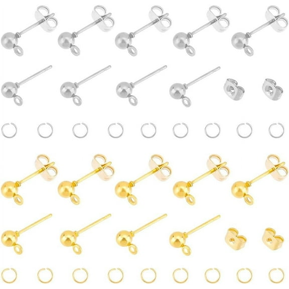 120Pcs 2 Colors Iron Ball Post Stud Earring Findings Round Ear Pin with 120pcs Open Jump Rings Golden Ear Stud Findings for DIY Jewelry Earring Making