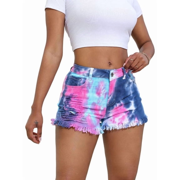 Women Plus Size Tie Dye Jean Shorts Ripped Distressed Shorts Frayed Raw Hem Stretchy Denim Shorts Blue 4XL