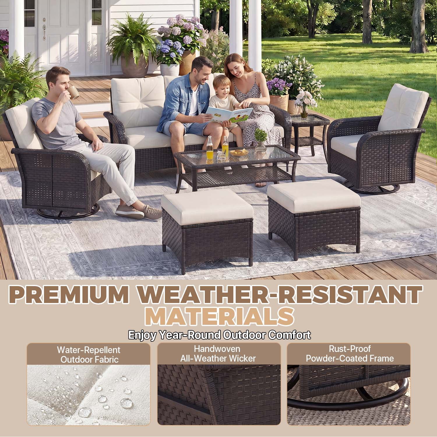 BaPiPro 7-Piece PE Wicker Patio Furniture Set with Swivel Chairs, Beige Cushions, Steel Frame & Glass Table, All-Weather for Patio, Garden & Poolside, Black Wicker