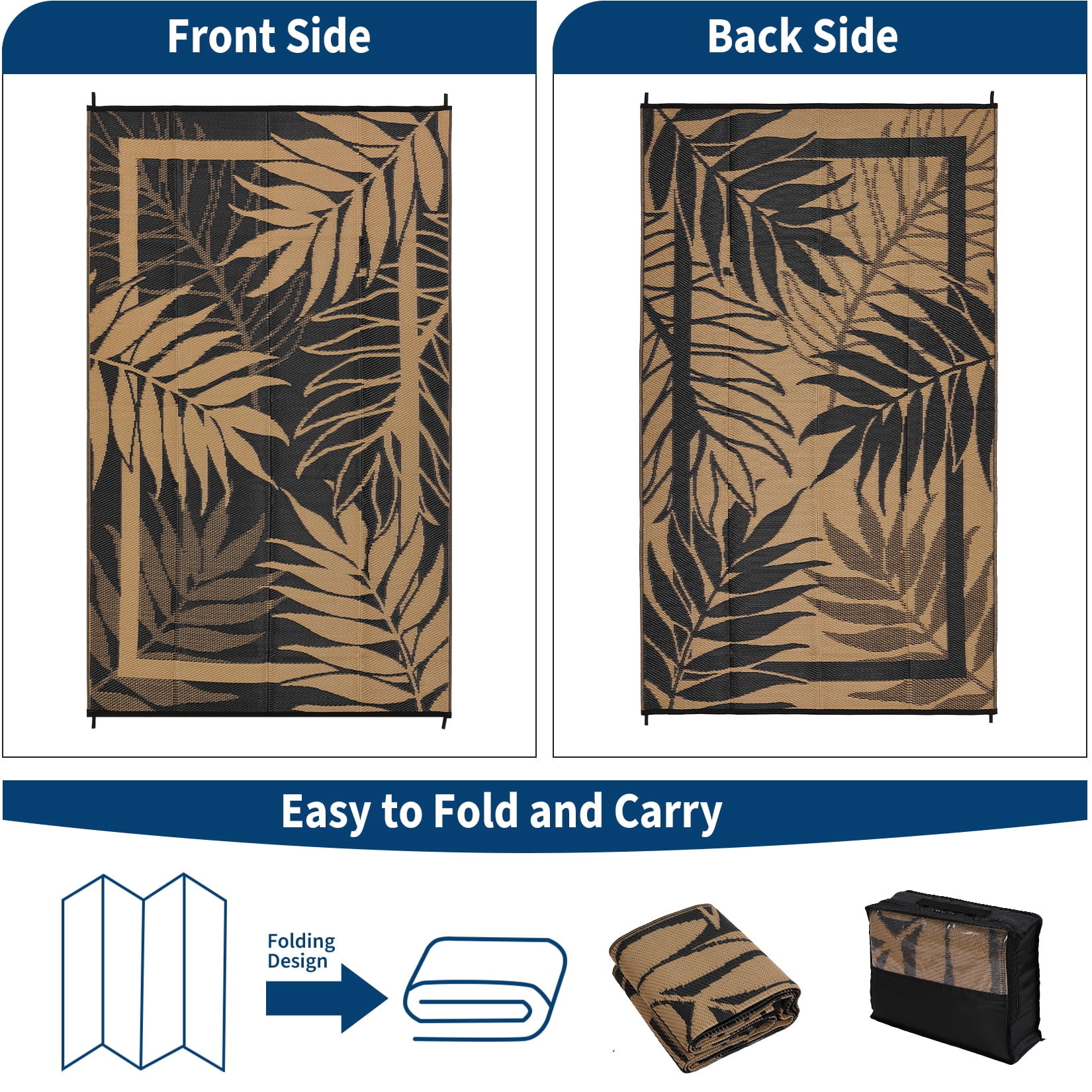 Garvee 9'x12' Waterproof Outdoor Rug Leaf Pattern Bordered Plastic Patio Mat, Modern Reversible Non-Slip Outdoor Carpet for Camping, RV, Balcony, Porch, Picnic, Black and Brown