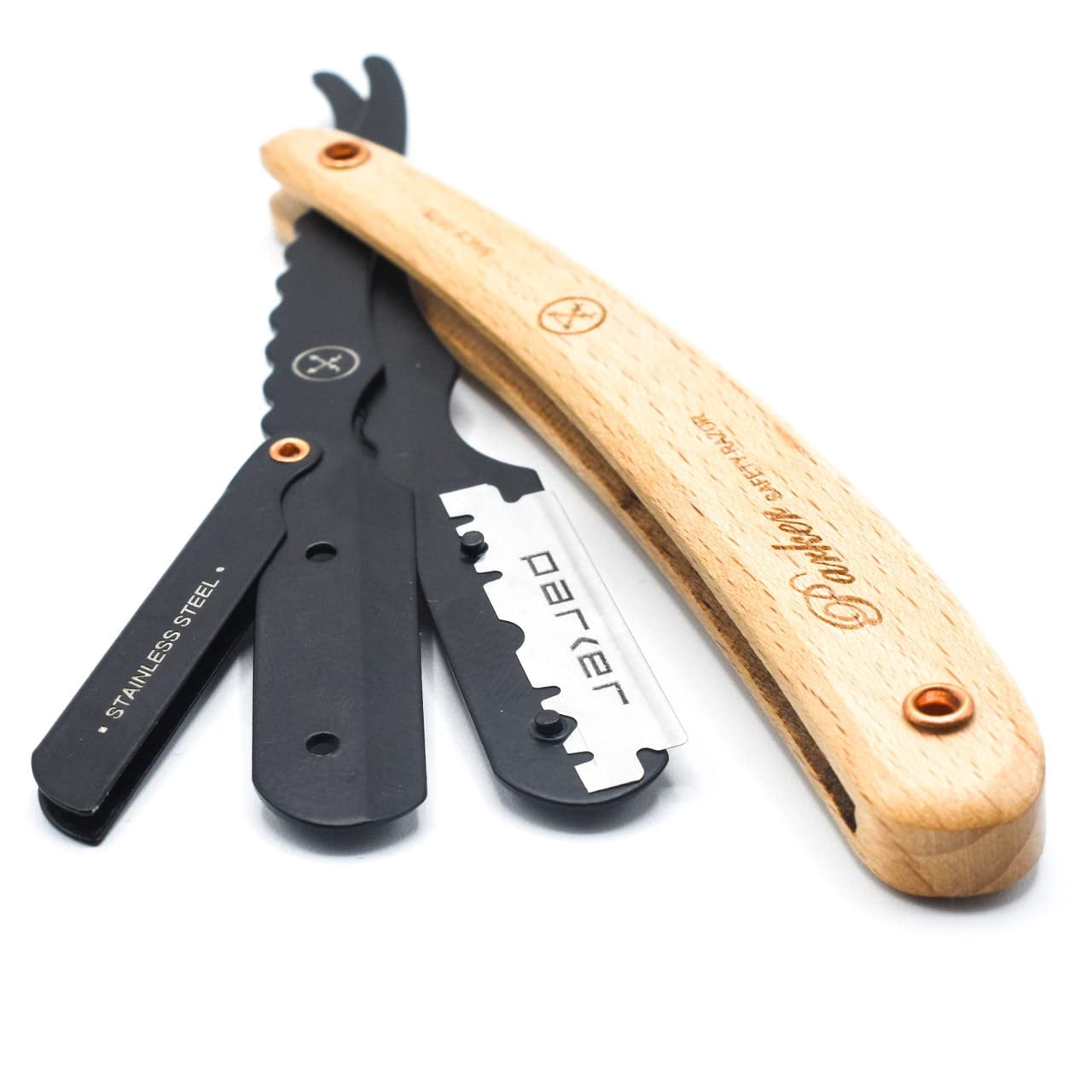 Parker SRP Pine Handle & Stainless Steel Arm Clip Type Straight Barber Razor with 5 Blades ** JUST INTRODUCED FOR FALL 2022 **