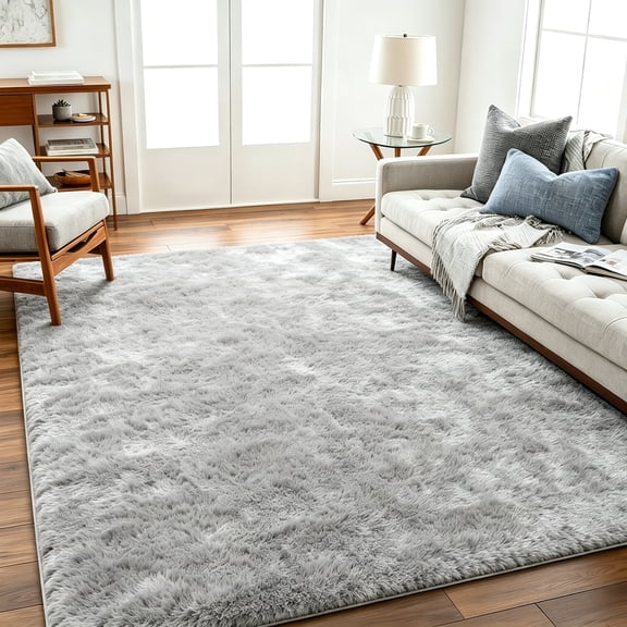 ONUZZLY Solid-Color Grey Polyester Fluffy Shag Living Room Area Rug, 8' x 10', Non-Slip Backing