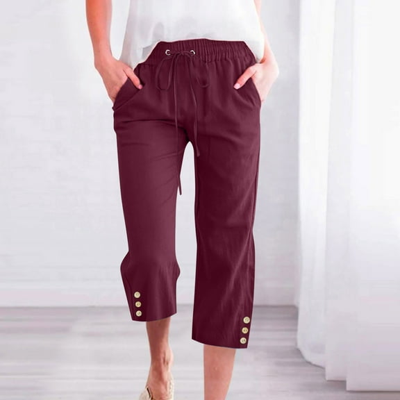 Pxkloy Womens Capris Plus Size,Women's Casual Cotton Linen Pants Summer Capris 2024 Drawstring Elastic Wasit Cropped Leg Pants Wide Leg Lounge Pants Wine,L