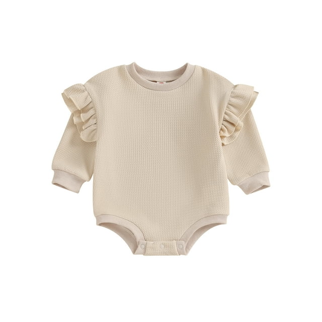 ZAXARRA Infant Baby Girl Sweatshirt Jumpsuit Solid Color Round Neck Ruffled Long Sleeve Romper Toddler Clothes
