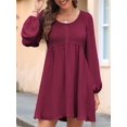 thumbnail image 5 of Women'S Casual Dresses Smocked Crewneck Button Up Long Sleeve Waist A-Line Mini Dress Red XXL, 5 of 9