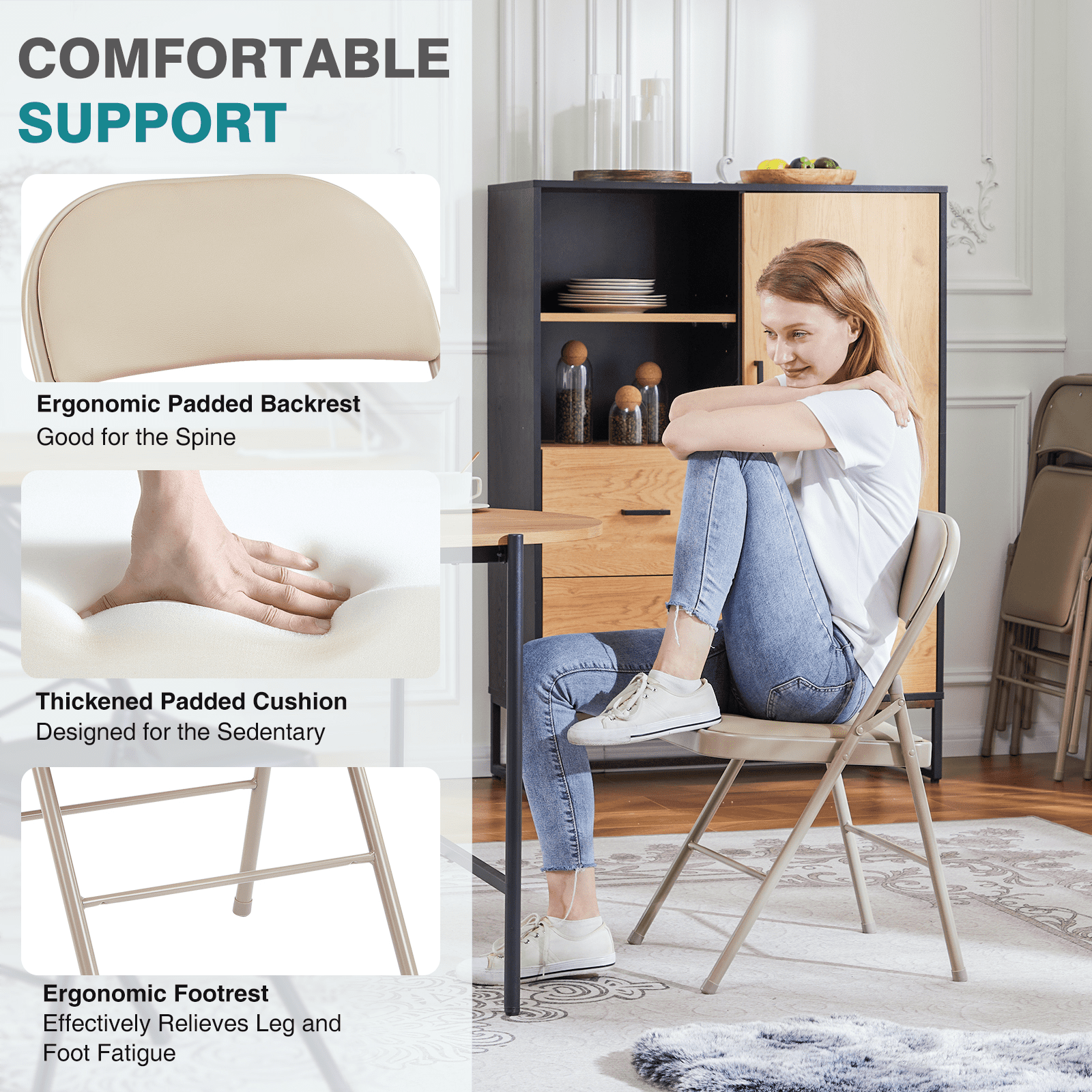 MAYEERTY 4 Pack Folding Chair with Sturdy Metal Frame, Leather Padded Folding Chairs, Water-Resistant, Khaki