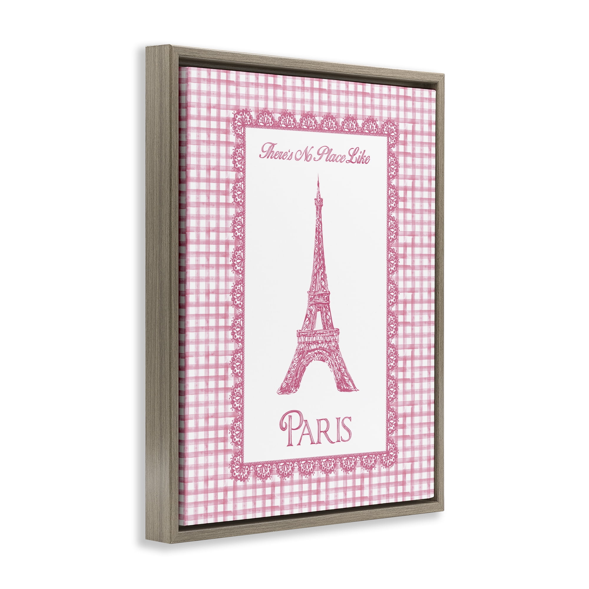 Stupell Industries No Place Like Paris Pink Lace Brown Framed Floater Canvas Wall Art, design by Conrad Knutsen