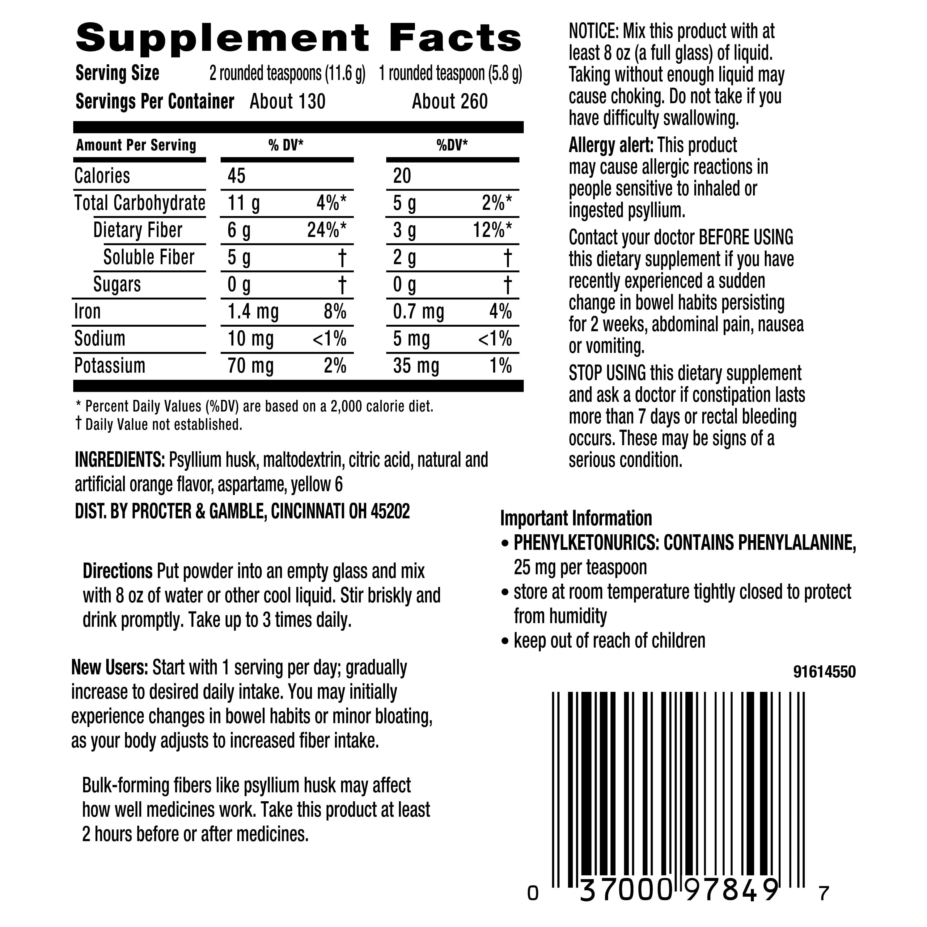 Metamucil, Sugar-Free, 4-in-1 Fiber for Digestive Health, 260 tsps