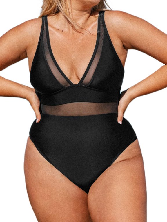 V Neck Mesh Sheer Tummy Control One-Piece Swimsuit (Women's)