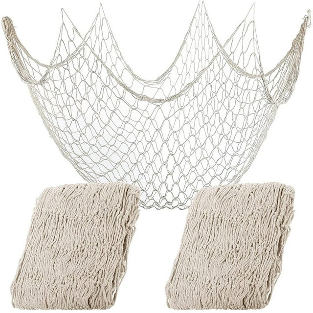 2 Pcs Fish Netting Decoration Beige Nautical Fish Net Cotton Decorative Fishing Net Ocean Themed Wall Hangings Fishnet