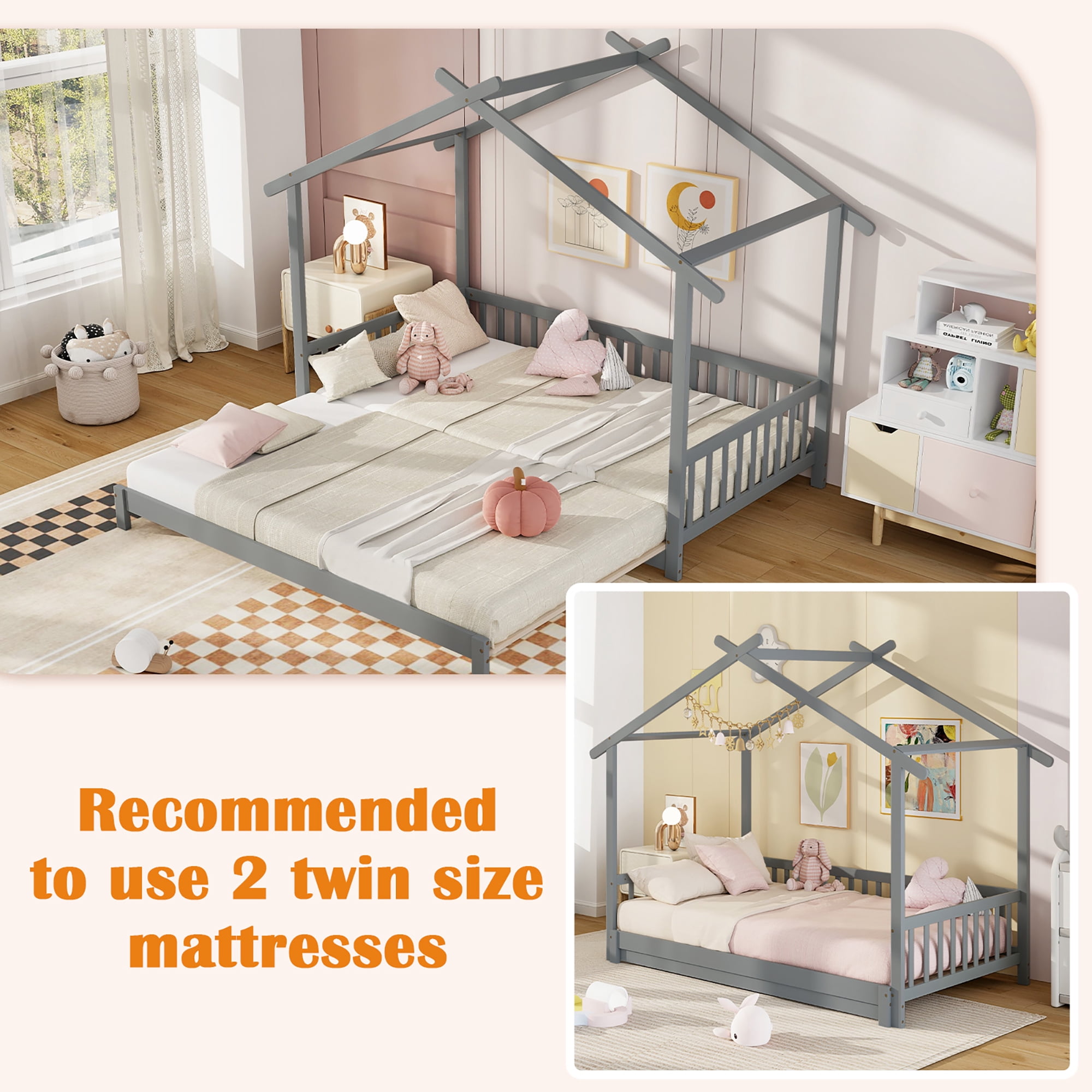 Gymax Wooden House Bed Twin to King Daybed w/ Safety Rails & Decorable Roof Gray