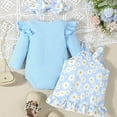 thumbnail image 4 of Odeerbi Infant Girls Fall Winter Outfits Ruffle Rib Knit Romper Daisy Overall Dress Set Solid Color Stripe Jumpsuit Daisy Apron Dress Bow Headband 3-Piece Set Infant Clothes Light Blue, 4 of 9