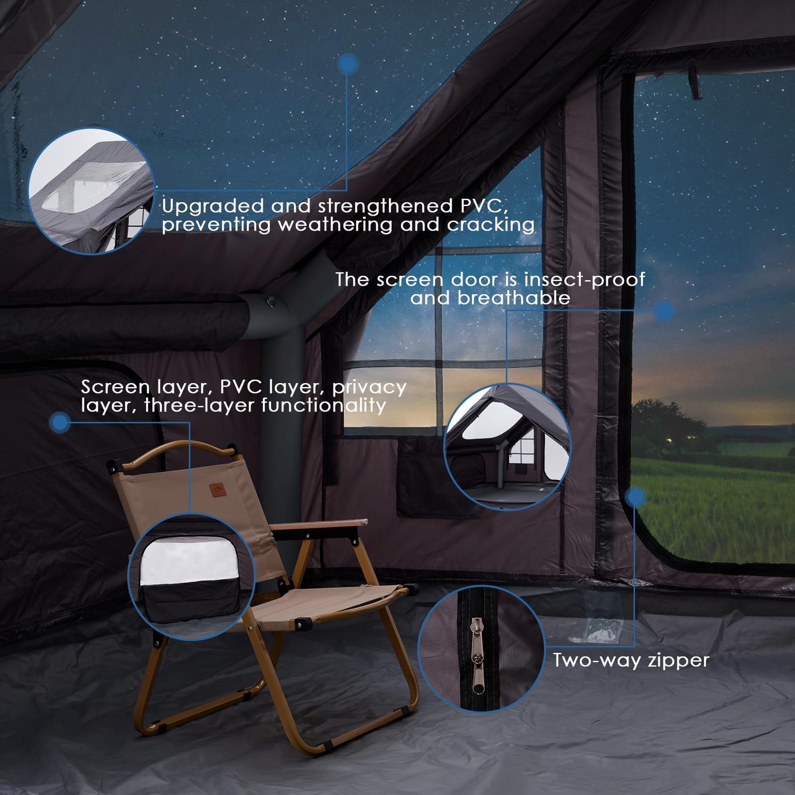 Inflatable Camping Tent With Electric Air Pump - 420d Heavy Duty Oxford 5 Min Auto-inflation Panoramic Stargazing Skylight 4 Season Luxury Glamping Cabin  4-10 Person Multiple Sizes