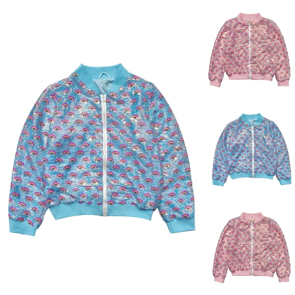 Lkhaha Girls Rainbow Sequin Bomber Jacket Sparkly Long Sleeve Cropped Party Outwear Blue 5-6 Years