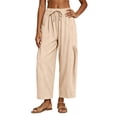 thumbnail image 3 of Linen Barrel Pants Women Drawstring High Waisted Wide Leg Trousers Summer Lounge Pants with Pockets Boho Beach Pant, L, 3 of 8