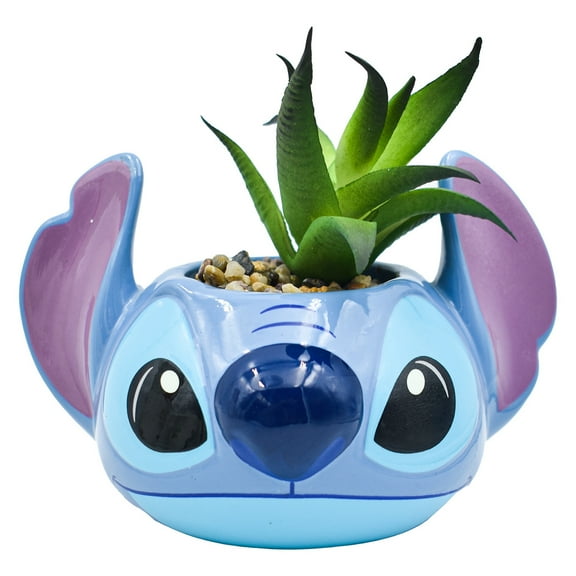 Maceta Decorativa Cerámica con Planta Artificial, Diseño Stitch en 3D, Maceta Decorativa para Hogar, Escuela u Oficina