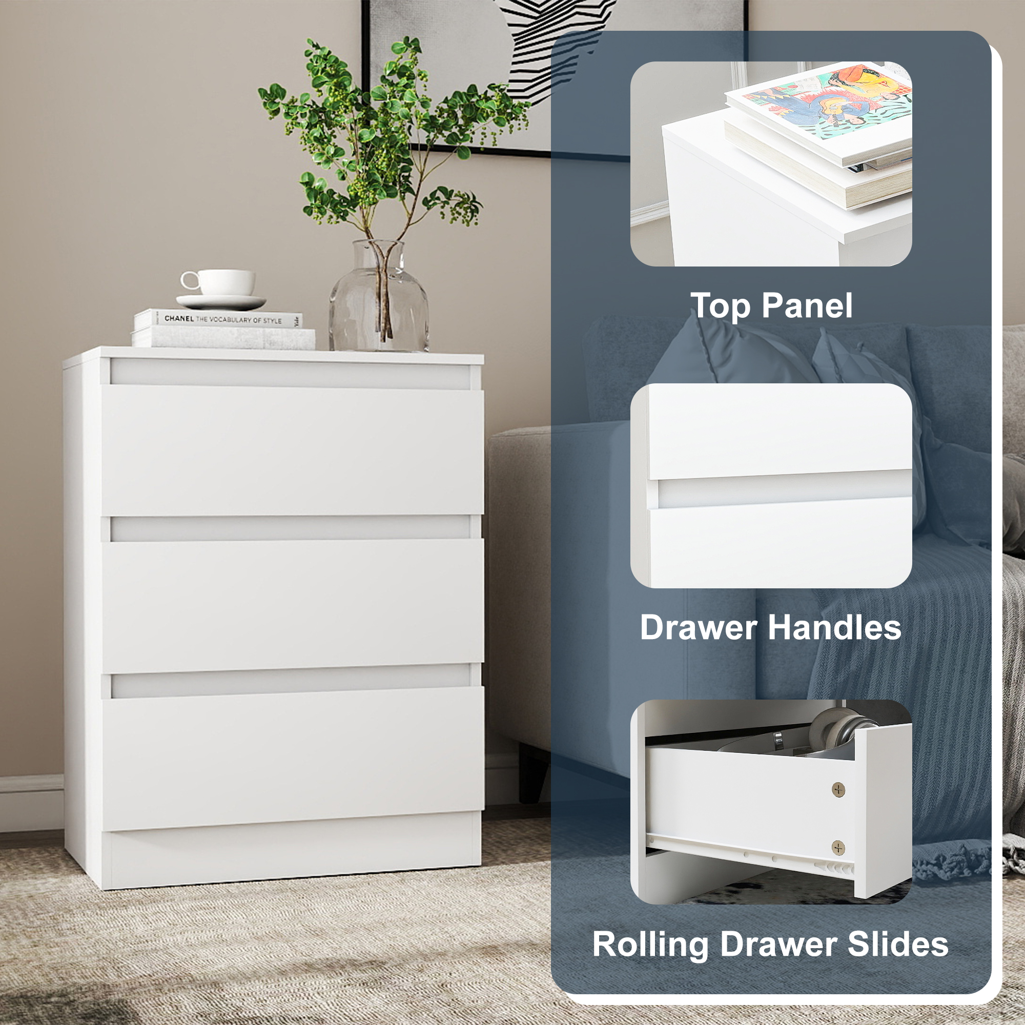 GVN Bedroom Dresser, Chest of Drawers, Modern Simple 3-Drawer Dresser for Bedroom, Living Room, White