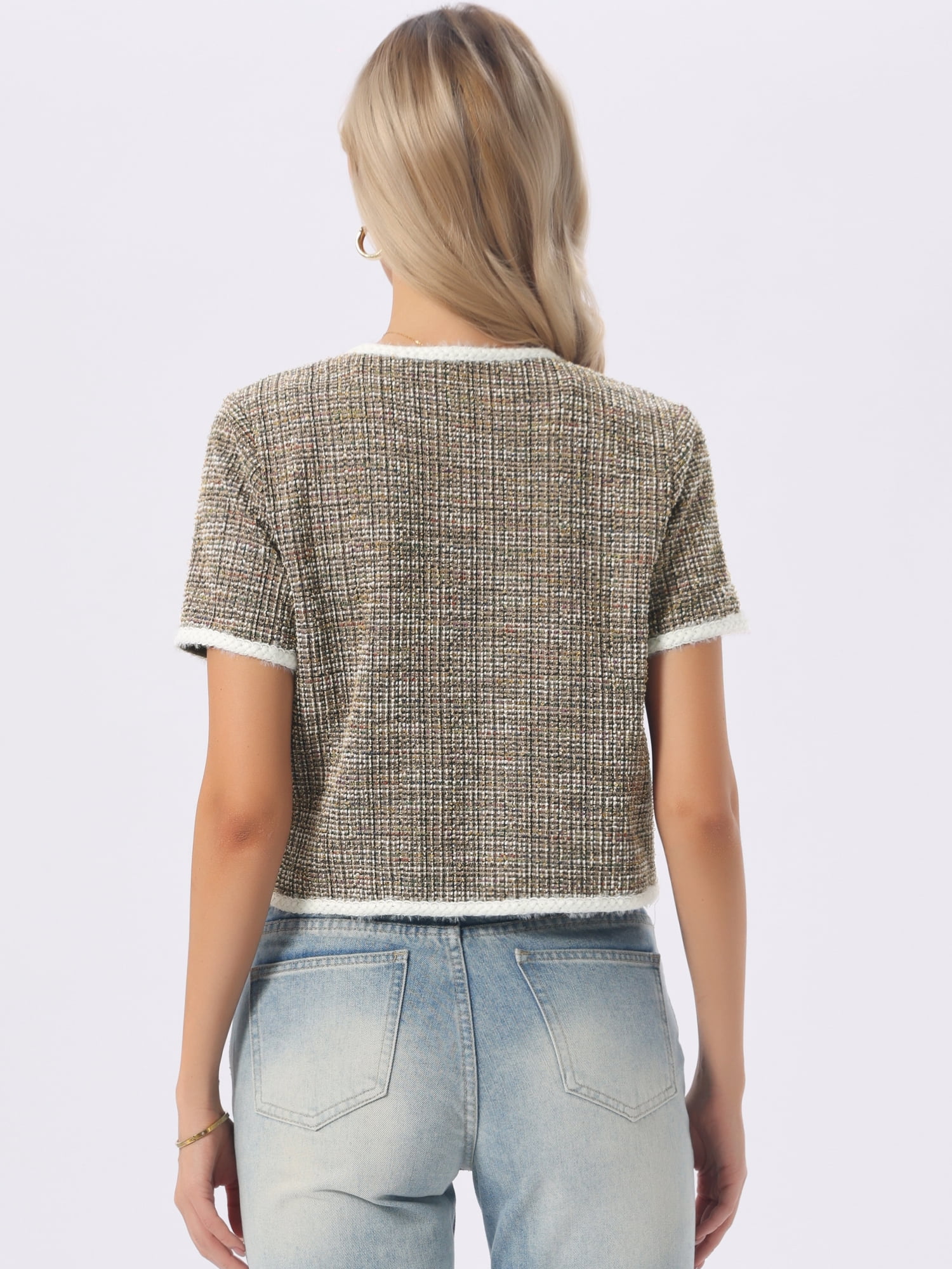 DARING DIVA Women's Short Sleeve Tweed Jacket Crew Neck Button Front Cropped Cardigan M Khaki Black