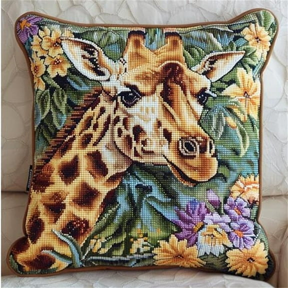 Cross Stitch Cushion Kit Giraffe Tapestry Pillow kit DIY Cushion Embroidery Kit Needlepoint Handmade Needlework Cushion Kit Stitched Pillow Cover Kit for Adults Beginners 17x17 inches