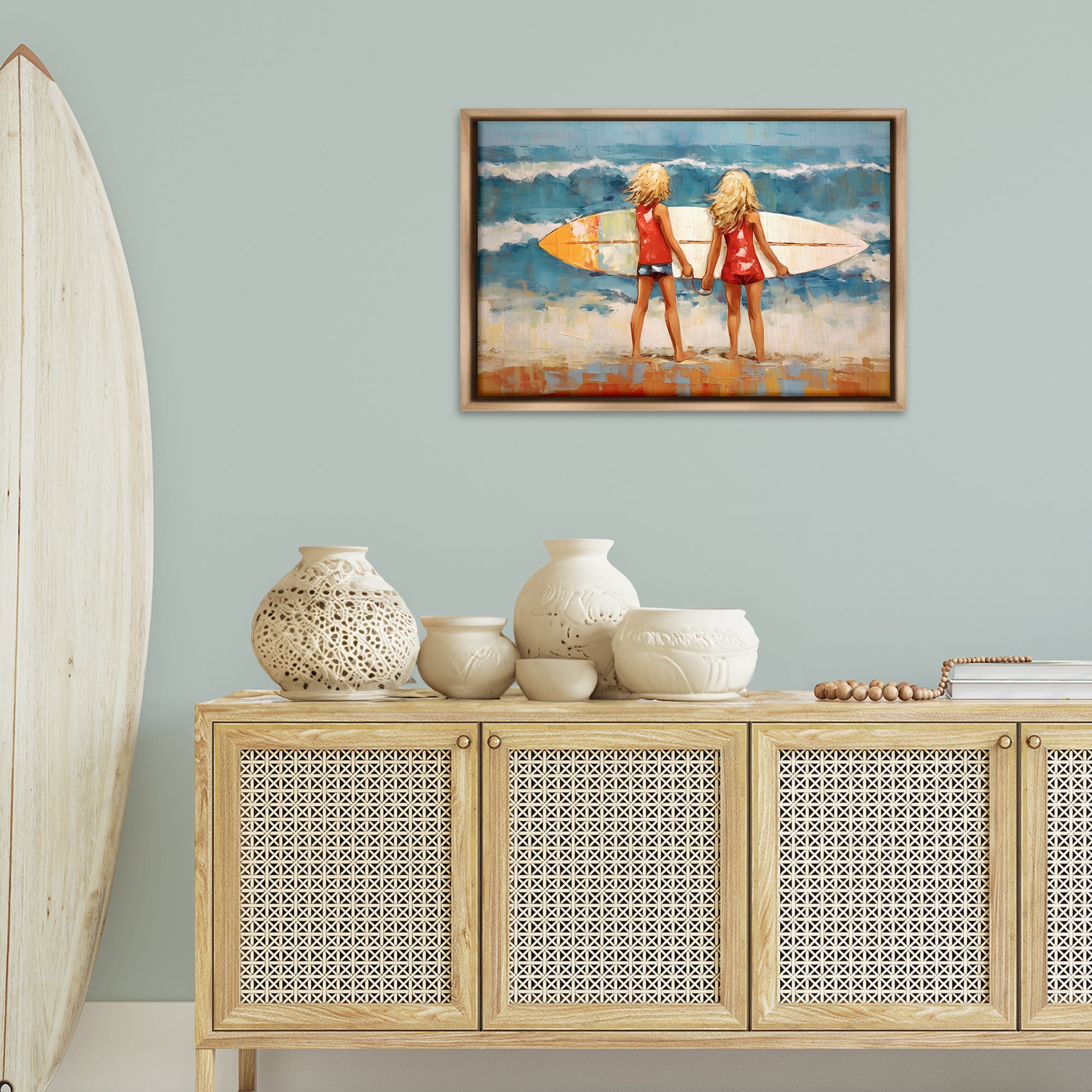 Stupell Industries Siblings with Surfboard People Painting Brown Floater Framed Canvas Art Print Wall Art, 31 x 21