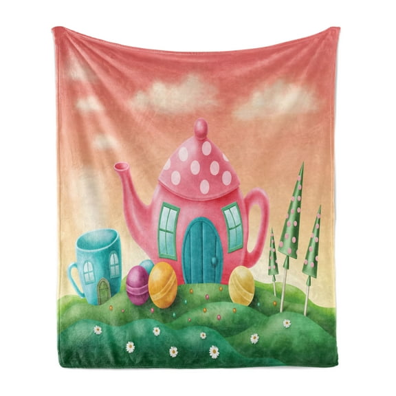 Fantasy Soft Flannel Fleece Blanket, Polka Dotted Fantasy Tea Pot and Coffee Cup House Surrounded by Lollipops, Cozy Plush for Indoor and Outdoor Use, 50" x 70", Fern Green and Coral, by Ambesonne