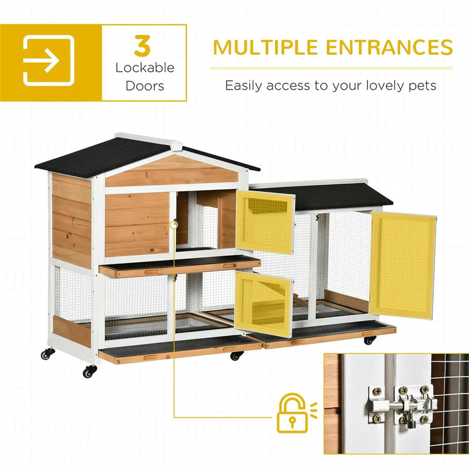 Kadyn 62" 2-tier Wooden Rabbit Hutch with Wheels and Slide-out Tray, Outdoor Small Animal Habitat Chicken Coop Bunny Cage for Bunnies, Guinea Pigs, Orange