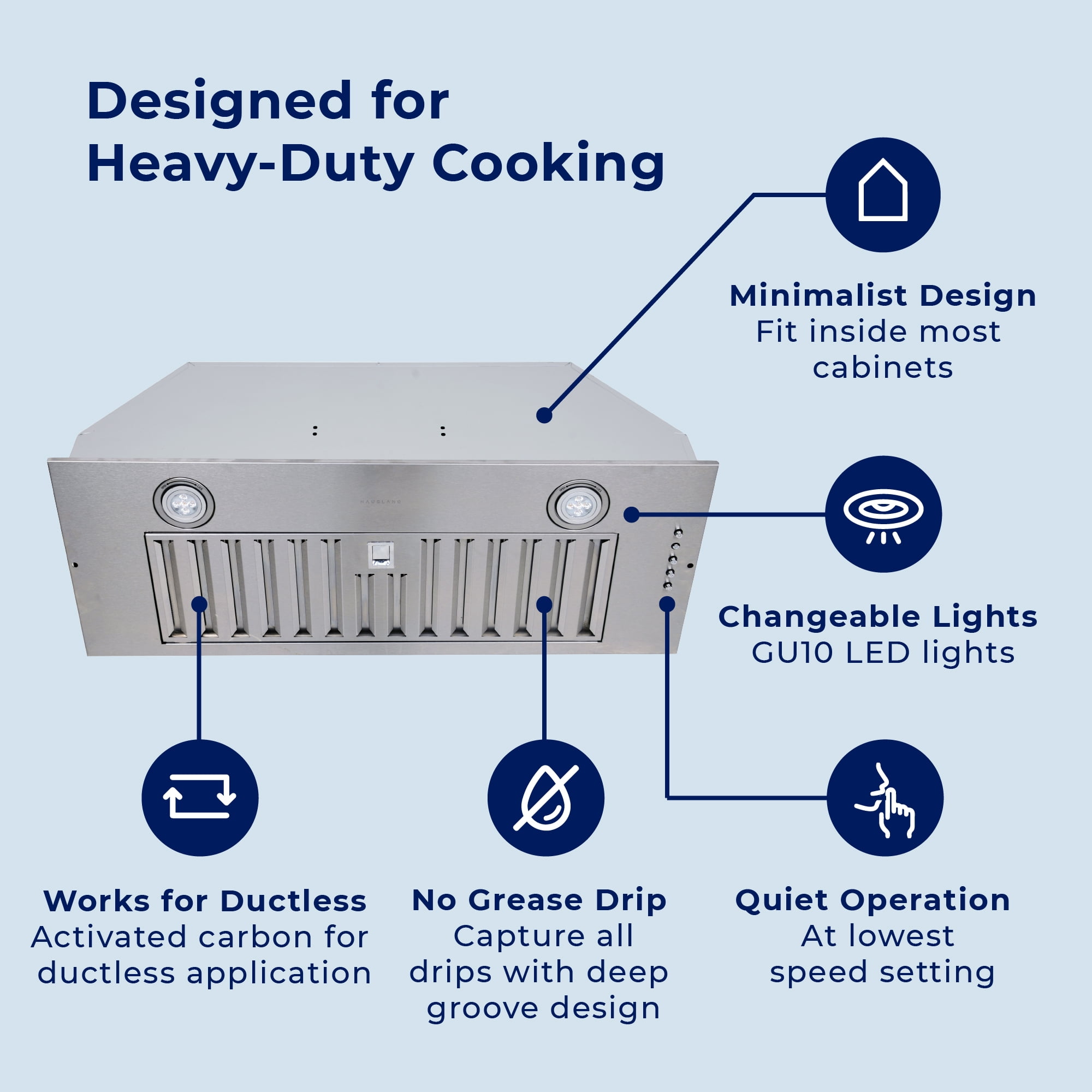 Hauslane IN-R100 36-in Convertible Under Cabinet Range Hood Insert Stainless Steel with Ventilation Filters and Lights