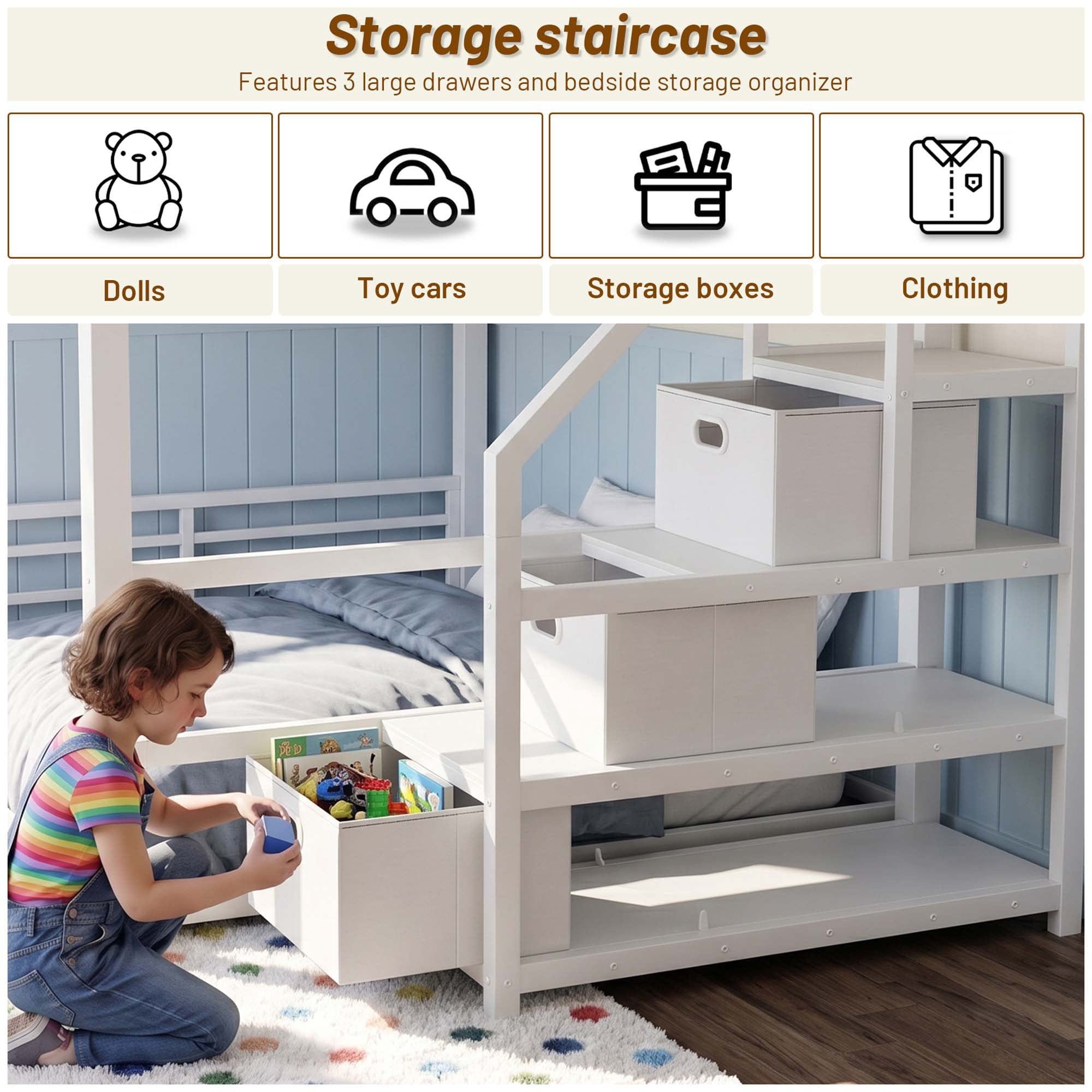 Miniyam Full Over Full Bunk Bed with Storage Stairs, Movable Charging Station and LED Lights, White